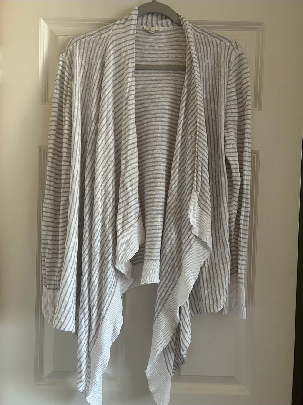 Eileen Fisher Light Gray & White Striped Draped Open-Front Cardigan L